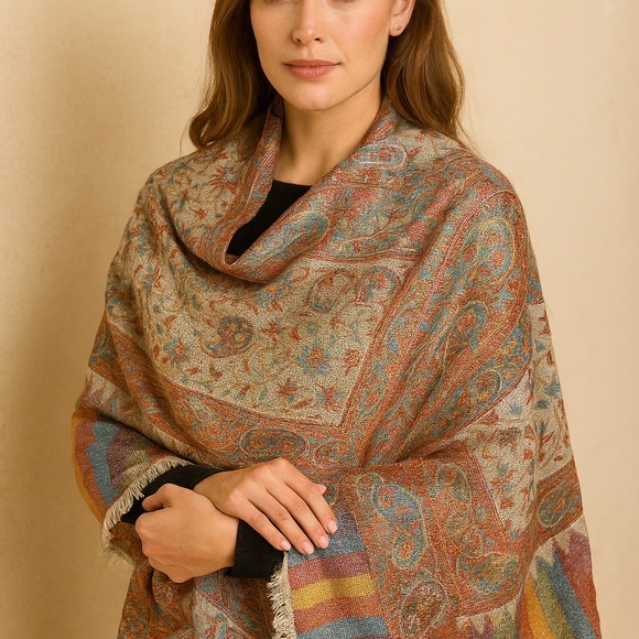 ✨ Luxe Indian Wool–Silk Jacquard Shawl | Hyderabad Artisan Weave | 30 x 80 NWOT - Picture 13 of 13